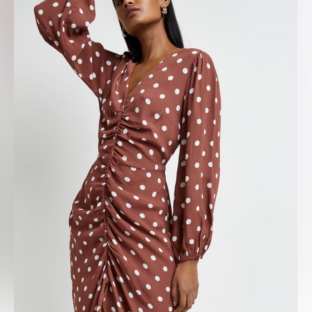 Brown Polka Dot Ruched Midi Dress | Womens River Island Dresses